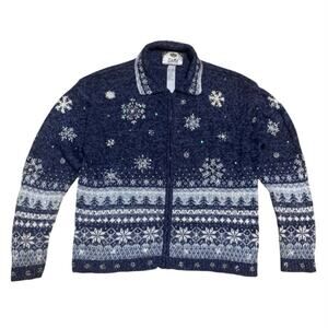 Tiara International Fair Isle Cardigan Sweater Size XL Snowflake Beaded Zip Up